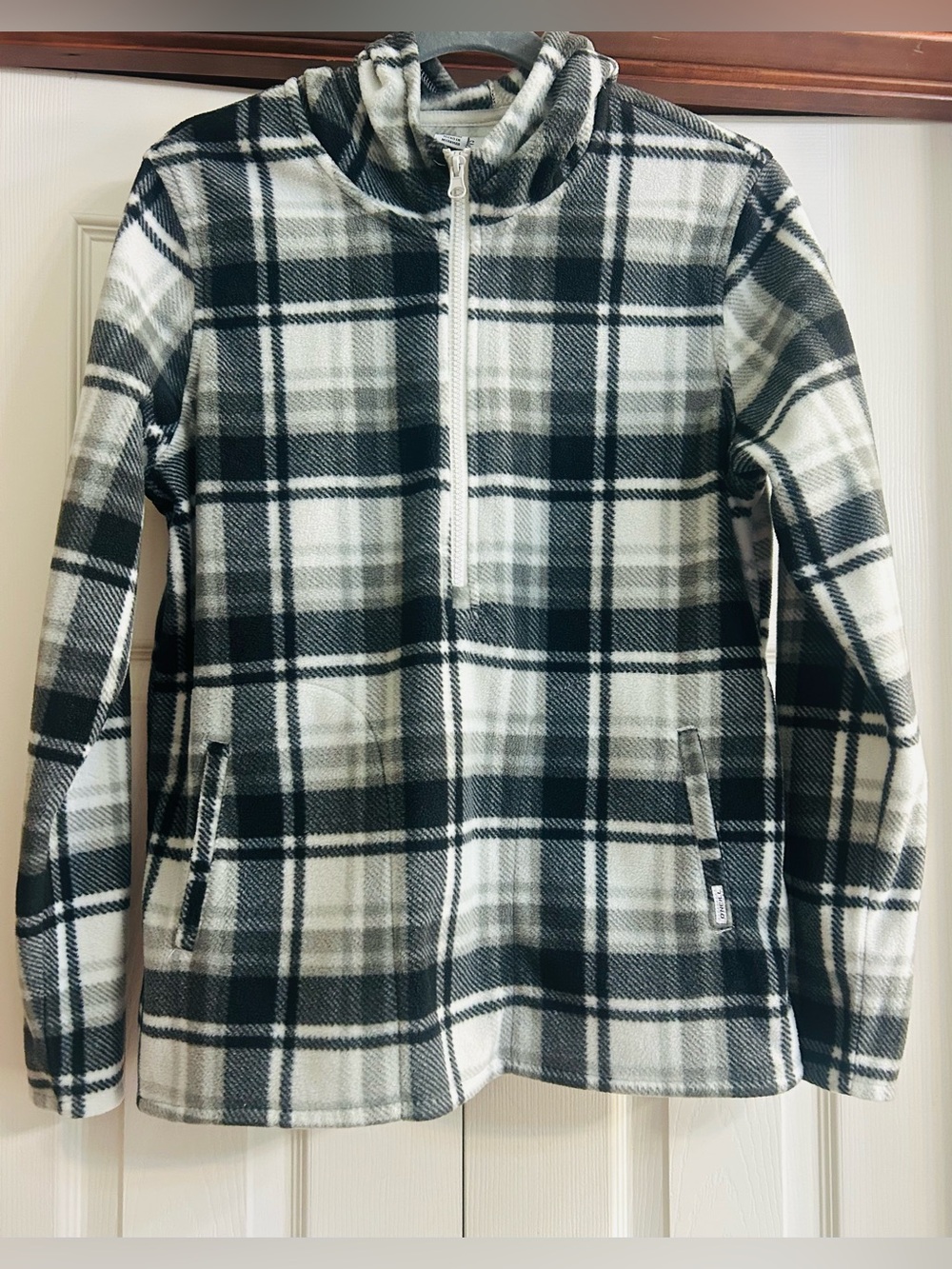 O'Neill Black and White Plaid Half-Zip Polar Fleece Hoodie